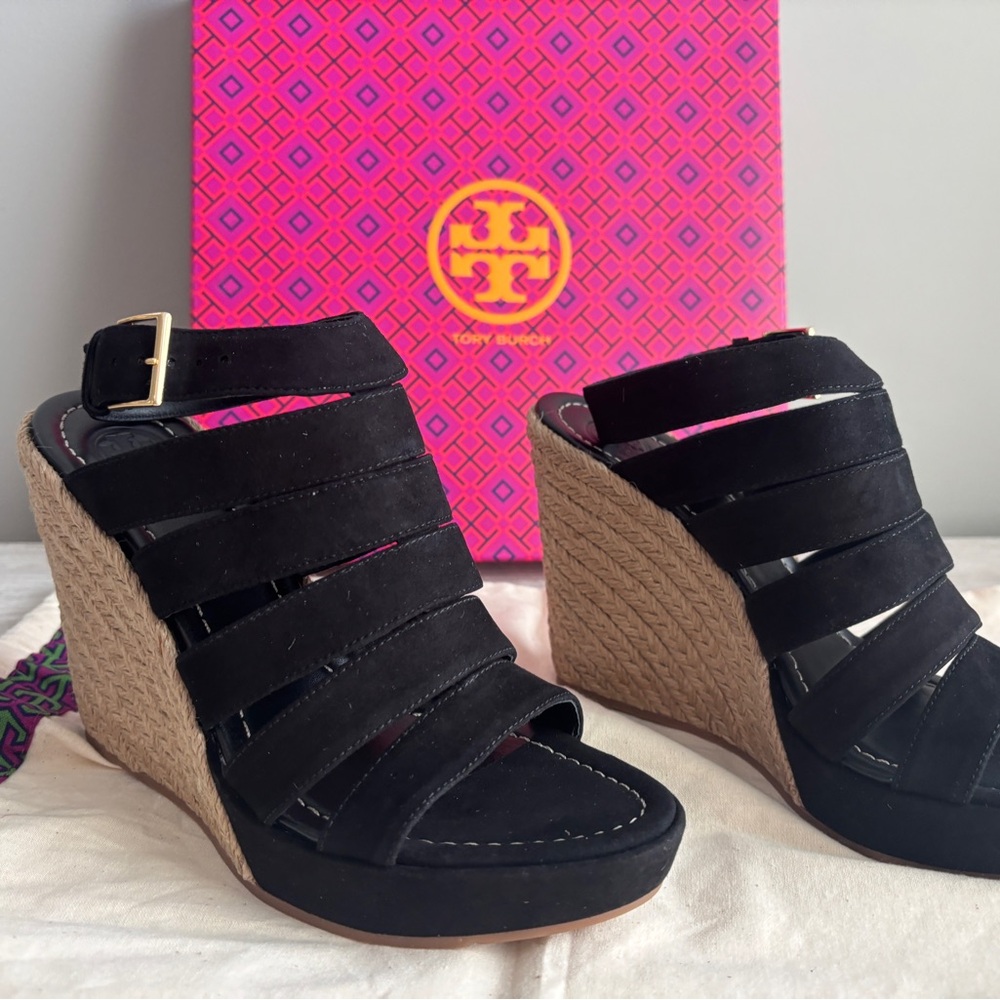 Tory Burch Black and Tan Wedge Sandals with Suede Straps